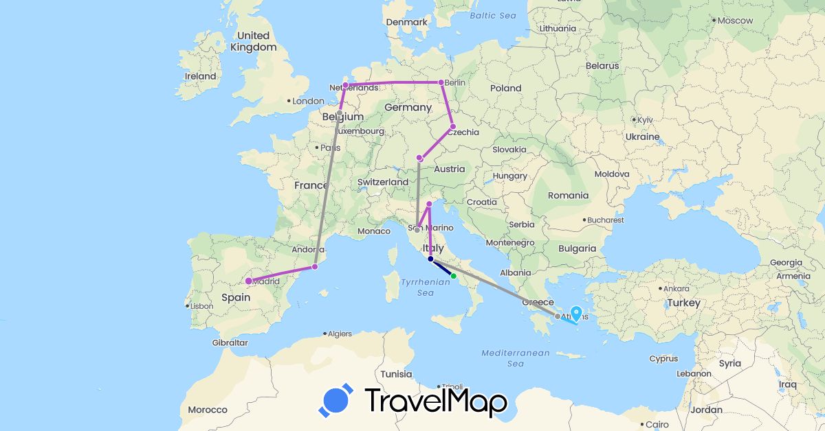TravelMap itinerary: driving, bus, plane, train, boat in Belgium, Czech Republic, Germany, Spain, Greece, Italy, Netherlands, Vatican City (Europe)