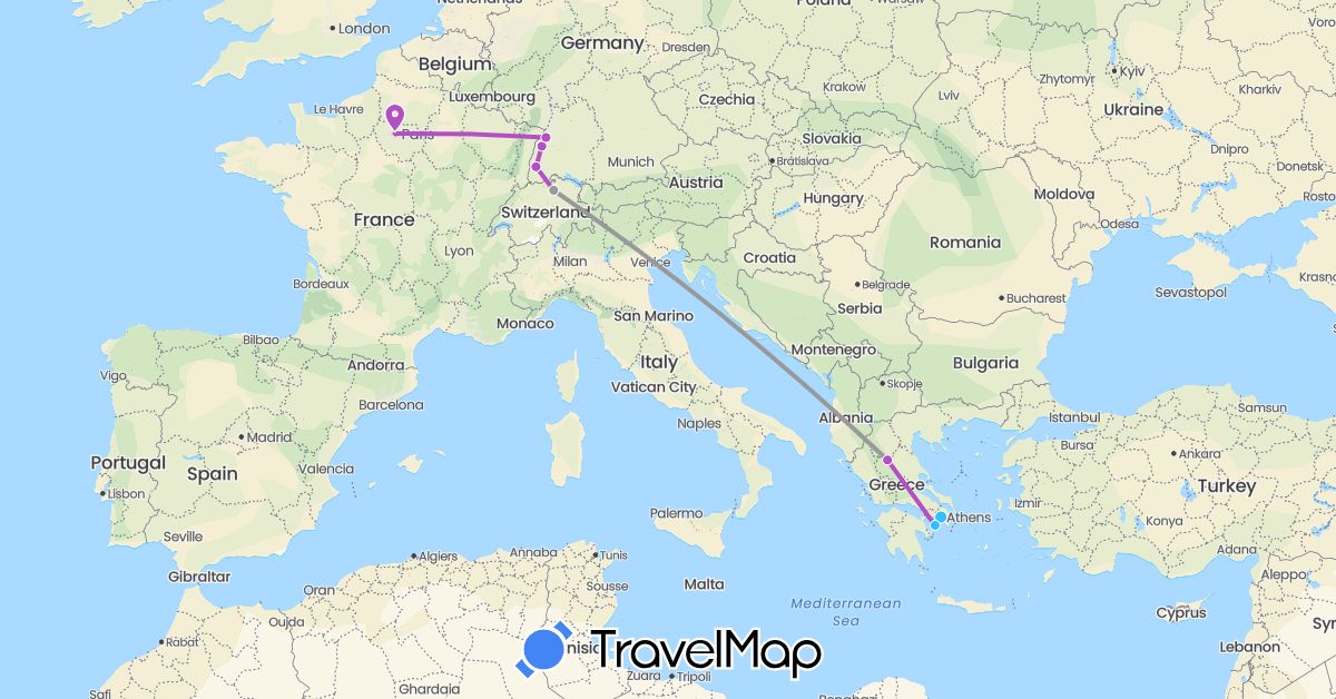 TravelMap itinerary: driving, plane, train, boat in Switzerland, Germany, France, Greece (Europe)